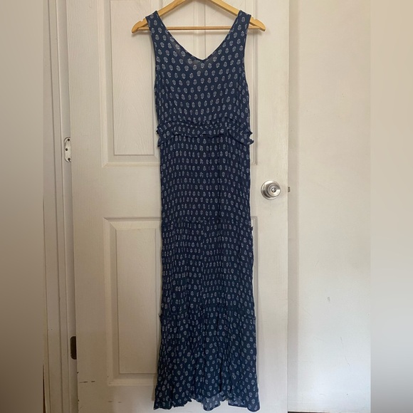 LUCKY BRAND Long Sleeveless Blue Floral Tiered Summer Praire Maxi Dress Ruffles - Picture 8 of 8